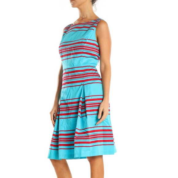 Talbots Red/Blue Striped Fit Flare Dress - Picture 2 of 10